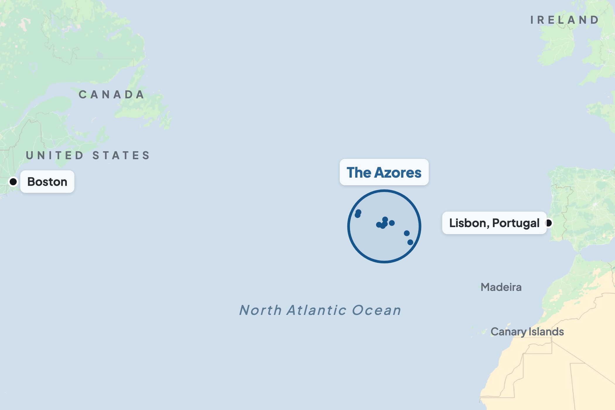 The Azores are circled in the North Atlantic, with Boston on the left and Lisbon on the right.