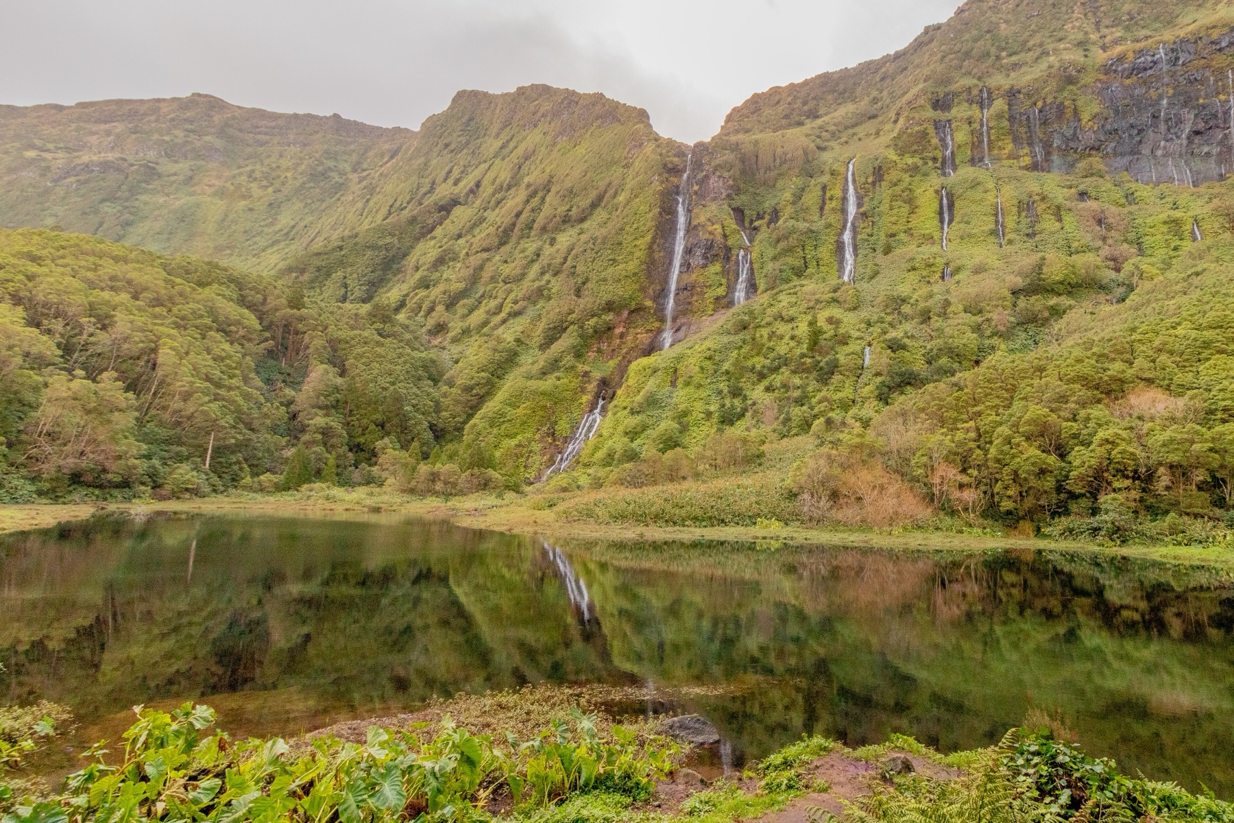 Waterfalls above the Ribeira do Ferreiro lake on Flores