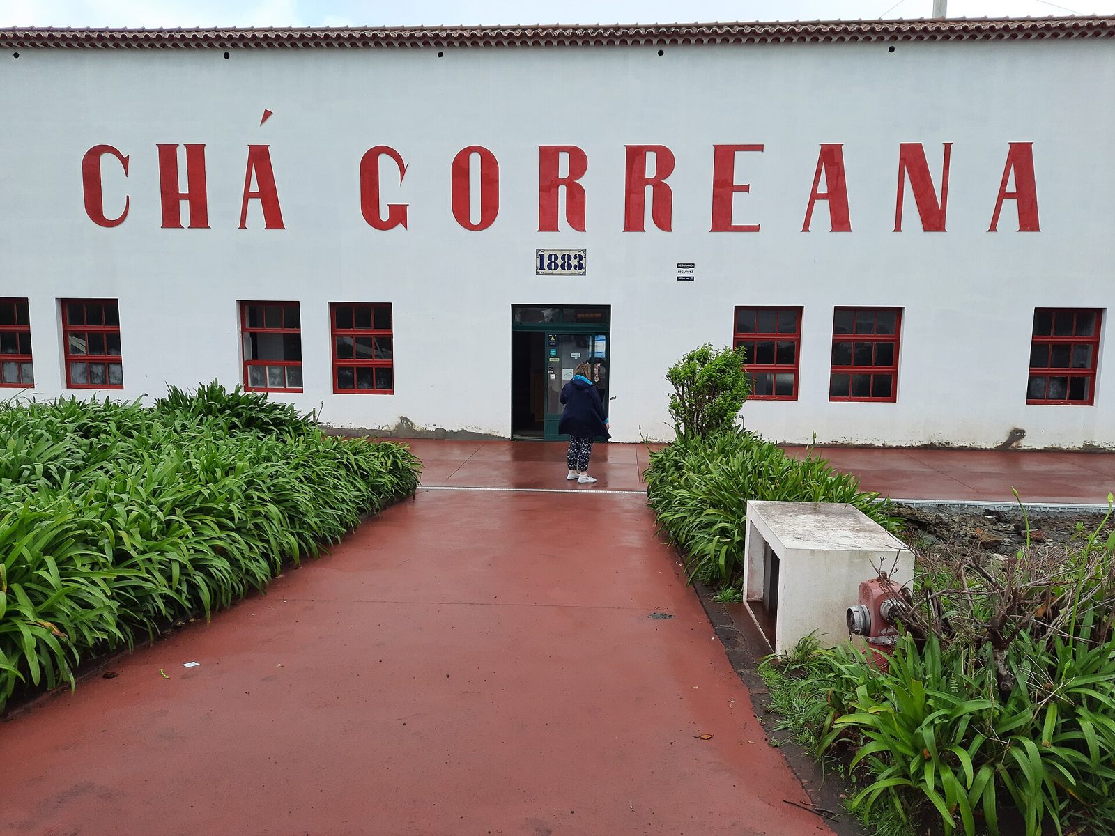 The white factory building with CHÁ GORREANA on its front