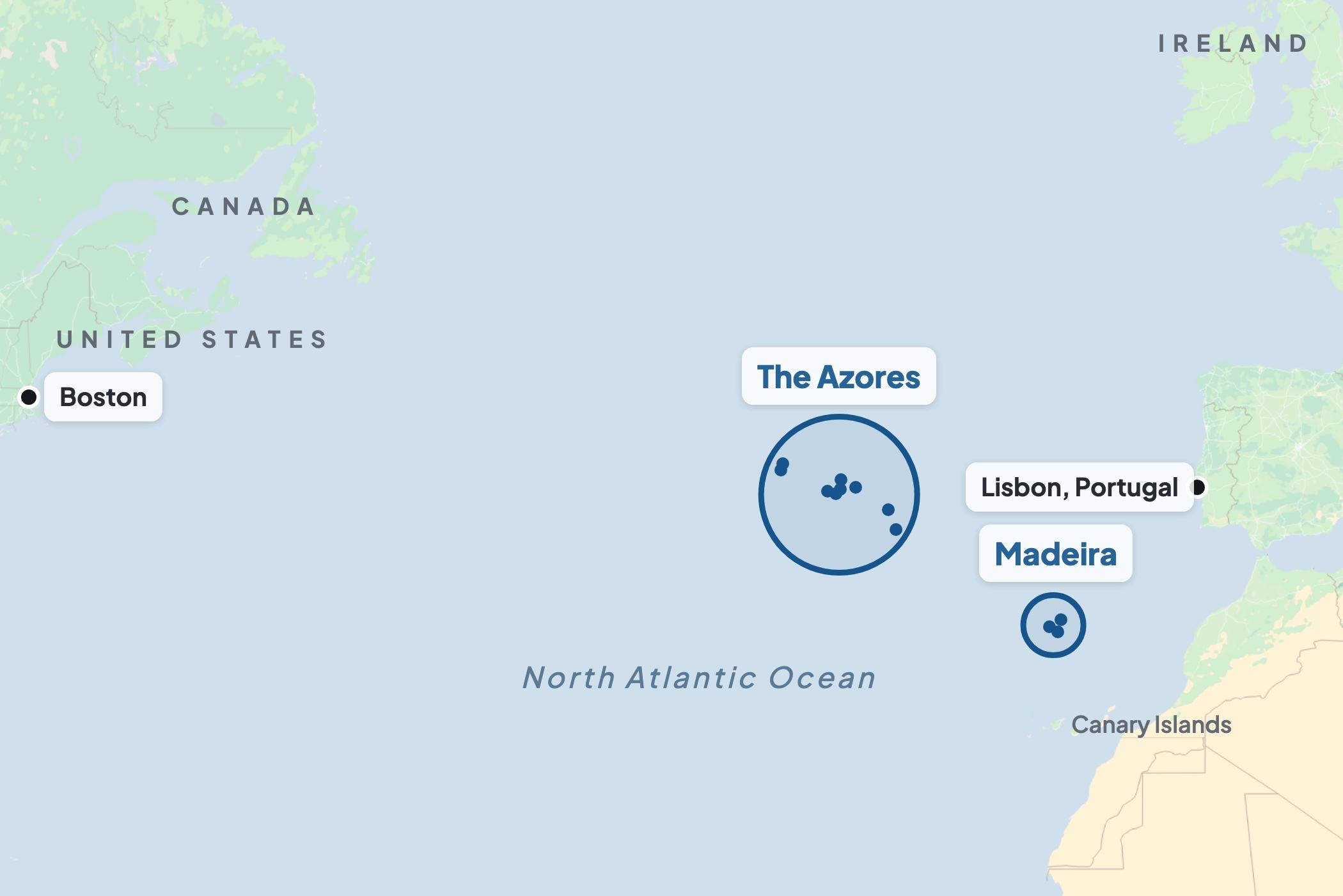 The map shows the Azores and Madeira in the North Atlantic, with Lisbon and Boston for reference.